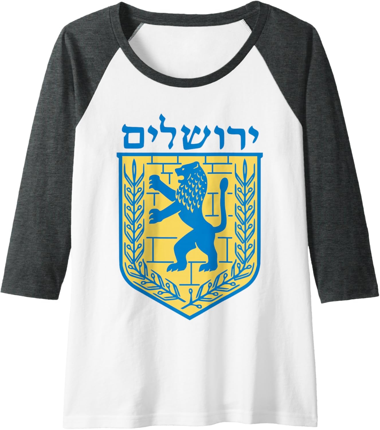 image:imageLion of Judah Gift Israel Jewish Jerusalem Sign Jew Hebrew Raglan Baseball TeeDark Heather GreyWhite