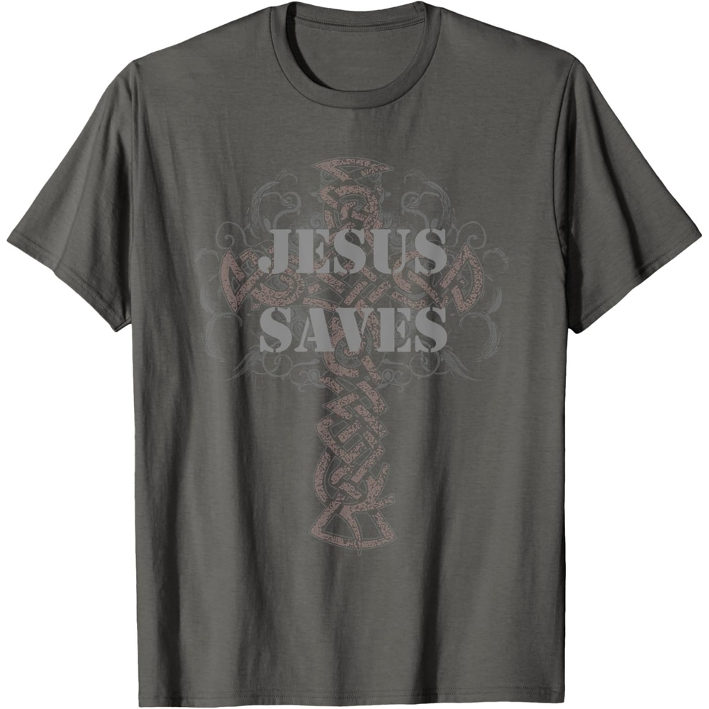 image:imageJesus Saves TShirt Christian Cross Vintage Distressed TeeAsphalt Grey