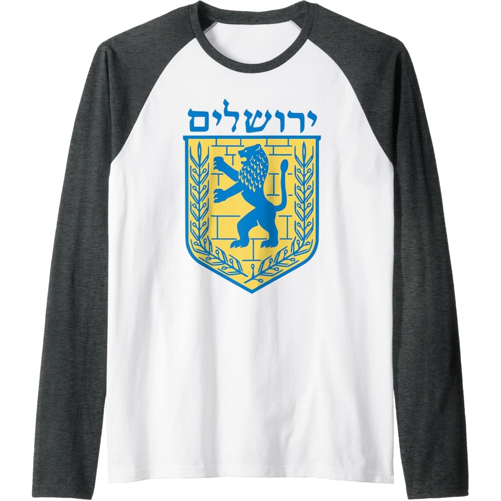 image:imageLion of Judah Gift Israel Jewish Jerusalem Sign Jew Hebrew Raglan Baseball TeeDark Heather GreyWhite