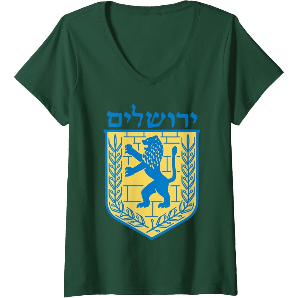 image:imageWomens Lion of Judah Gift Israel Jewish Jerusalem Sign Jew Hebrew VNeck TShirtDark Green
