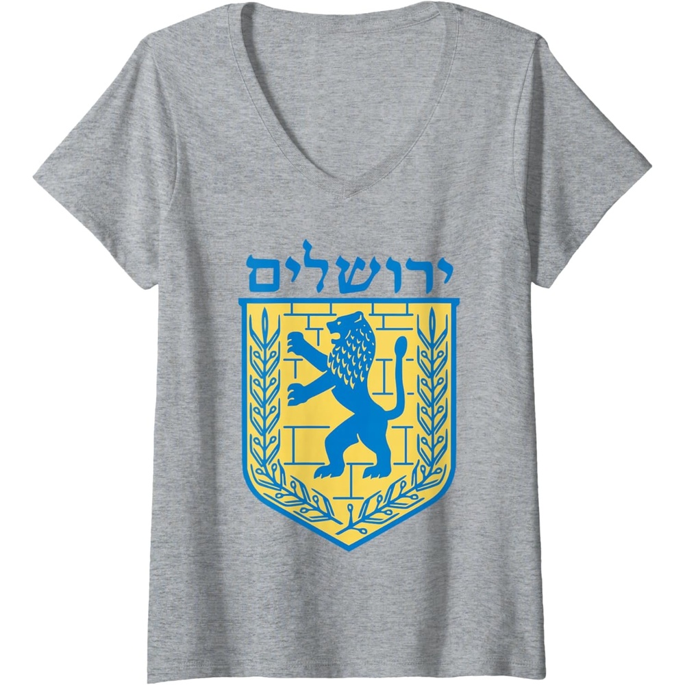 image:imageWomens Lion of Judah Gift Israel Jewish Jerusalem Sign Jew Hebrew VNeck TShirtHeather Grey