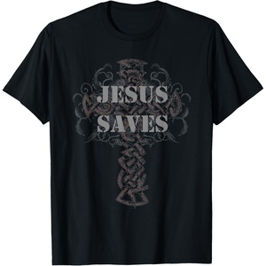 Jesus Saves T-Shirt Christian Cross Vintage Distressed Tee(Black)