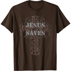 Jesus Saves T-Shirt Christian Cross Vintage Distressed Tee(Brown)