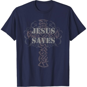 Jesus Saves T-Shirt Christian Cross Vintage Distressed Tee(Navy Blue)