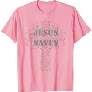 Jesus Saves T-Shirt Christian Cross Vintage Distressed Tee(Pink)