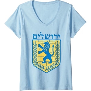 Womens Lion of Judah Gift Israel Jewish Jerusalem Sign Jew Hebrew V-Neck T-Shirt(Baby Blue)