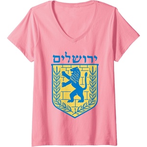 Womens Lion of Judah Gift Israel Jewish Jerusalem Sign Jew Hebrew V-Neck T-Shirt(Pink)
