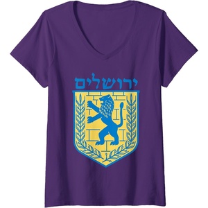 Womens Lion of Judah Gift Israel Jewish Jerusalem Sign Jew Hebrew V-Neck T-Shirt(Purple)