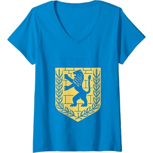 Womens Lion of Judah Gift Israel Jewish Jerusalem Sign Jew Hebrew V-Neck T-Shirt(Sapphire Blue)
